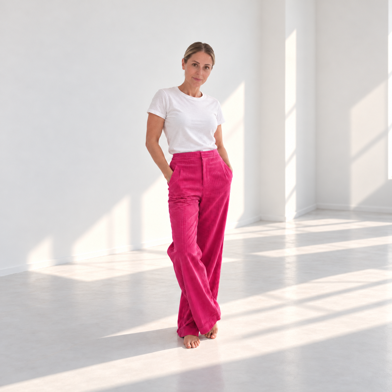 Christina Michael in a white T-shirt and pink trousers