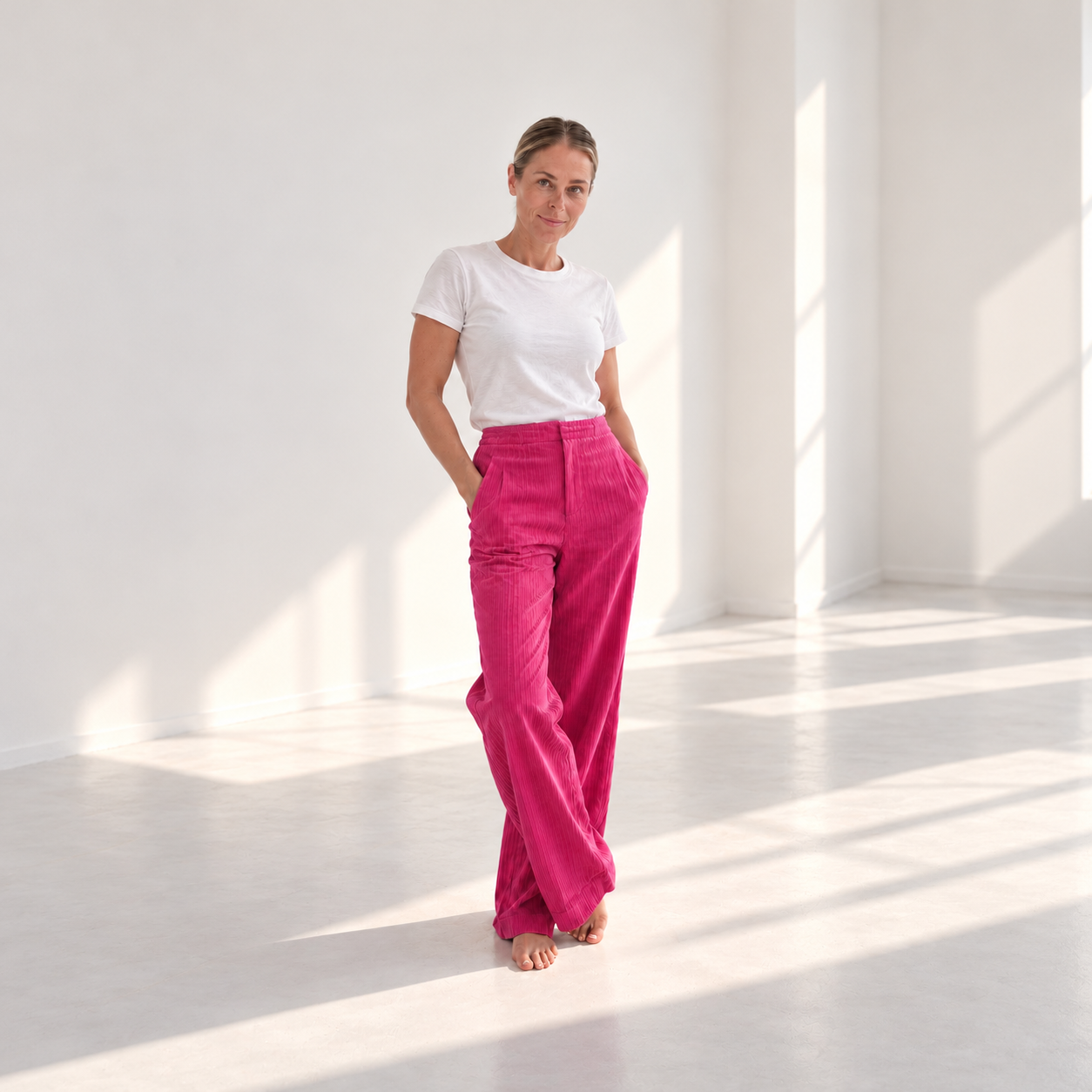 Christina Michael in a white T-shirt and pink trousers